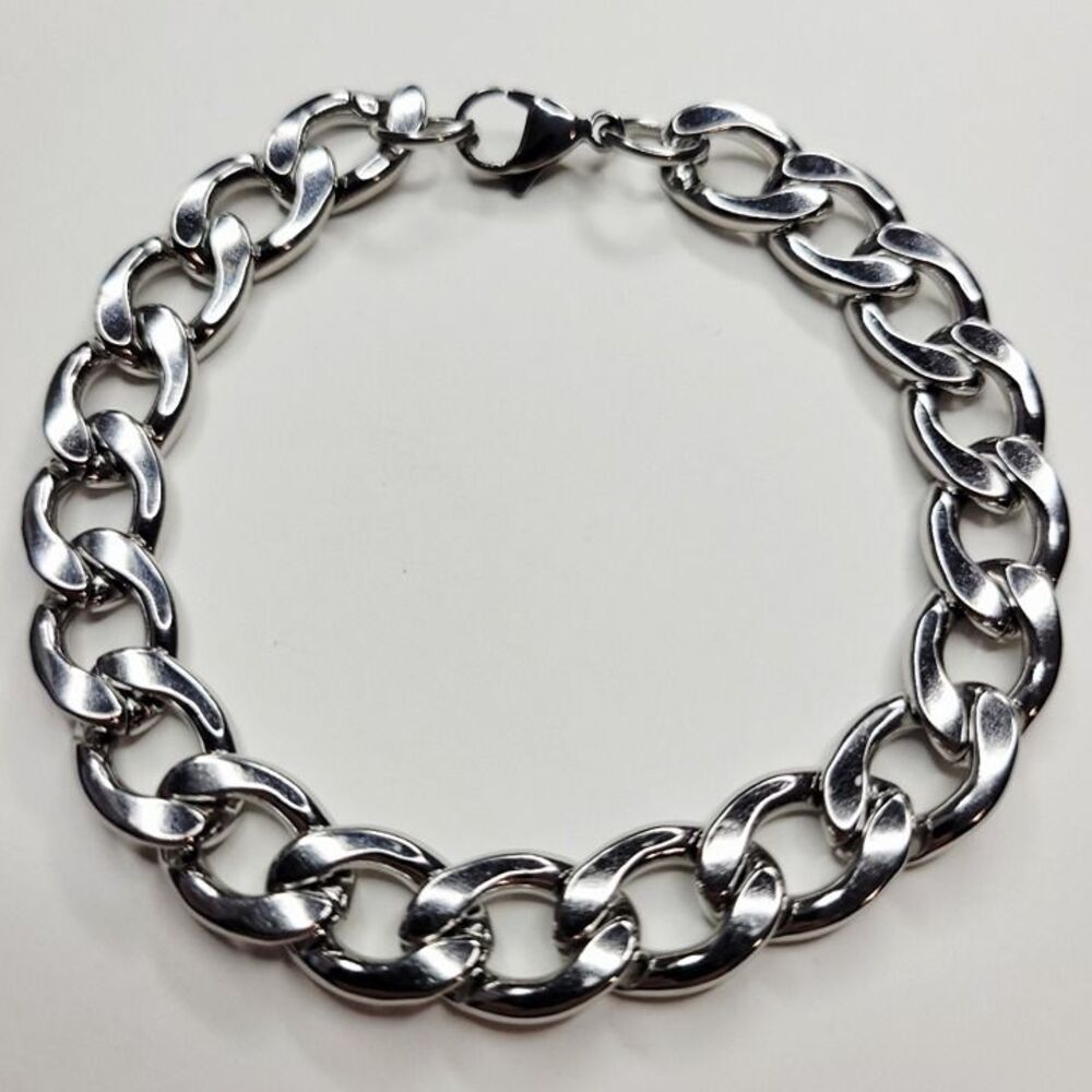 NWT Mens 12mm Shiny Stainless Steel Cuban Link Bracelet Lobster Clasp – 8 in - Picture 2 of 7